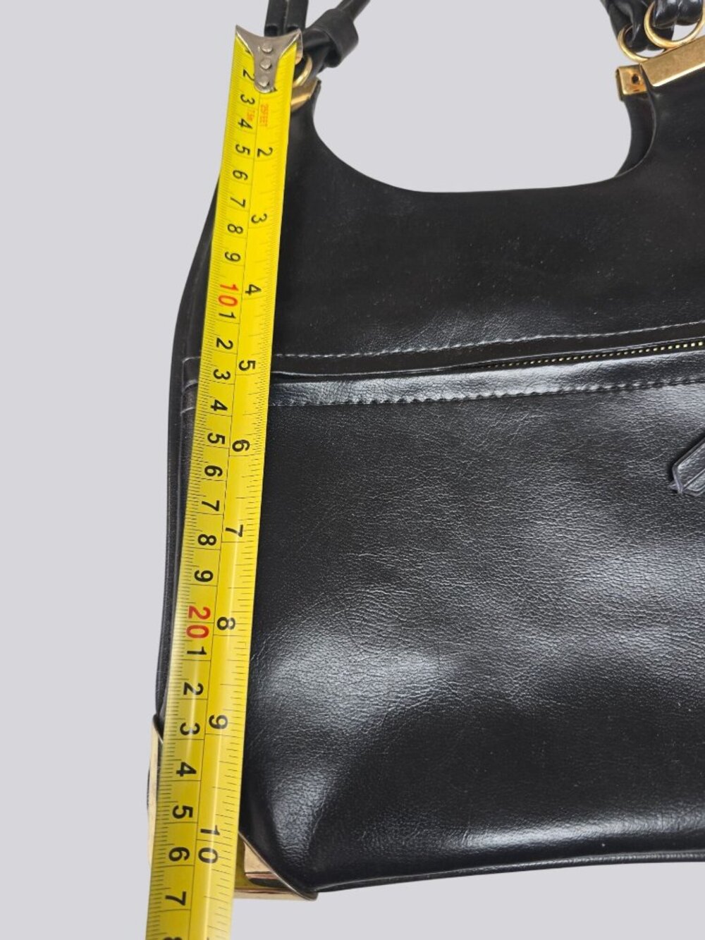 Vintage Black Leather Shoulder Bag Gold Accents & Dual Straps - Picture 14 of 15